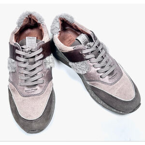 Frye Willow Womans Sneakers Gray Taupe Brown Suede Shearling Decor Sneakers 7.5